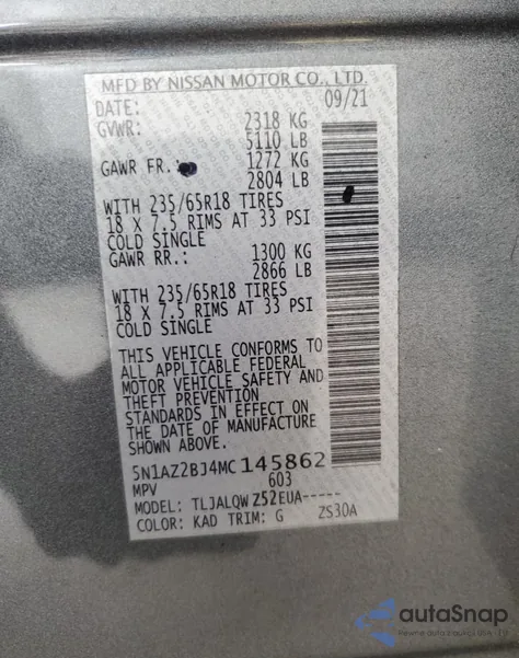 2021 Nissan Murano Sv z USA, uszkodzony, nr VIN 5N1AZ2BJ4MC145862